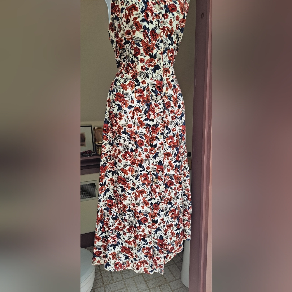 1990s JONATHAN MARTIN Off-White Floral Sundress Fitted Tie Back Tank Maxi Dress - Picture 3 of 16